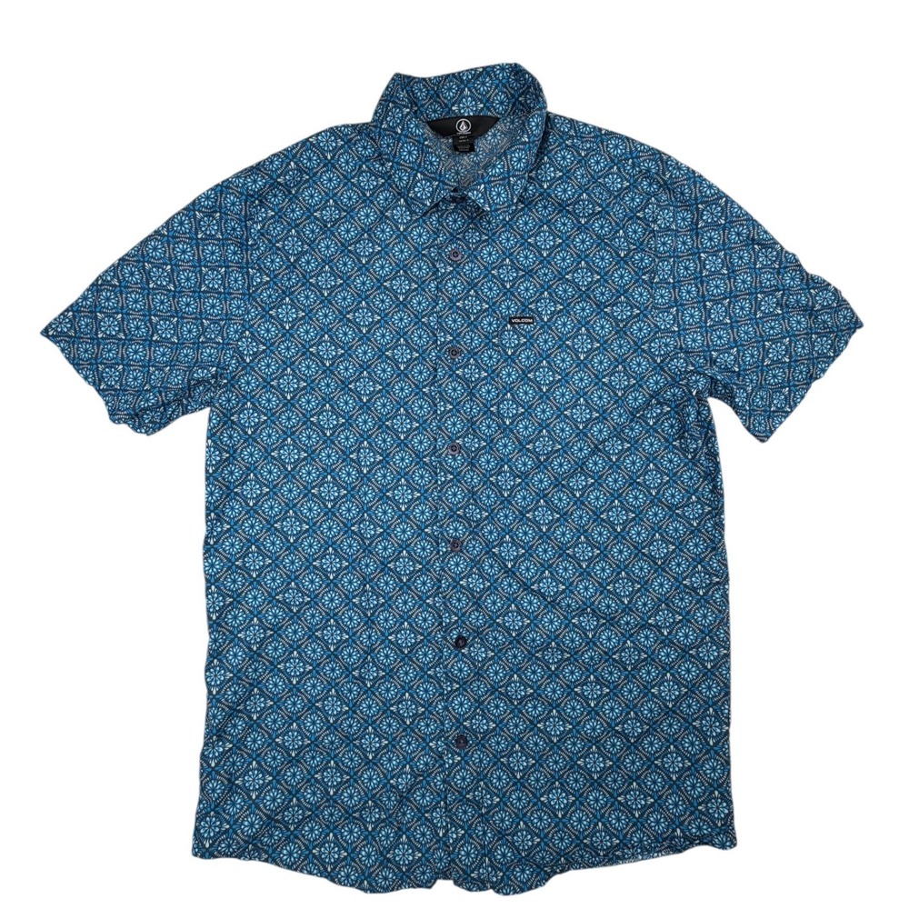 Volcom Warbler A0402102 Men's S Blue Floral Geometric Modern Fit Button-Up Shirt